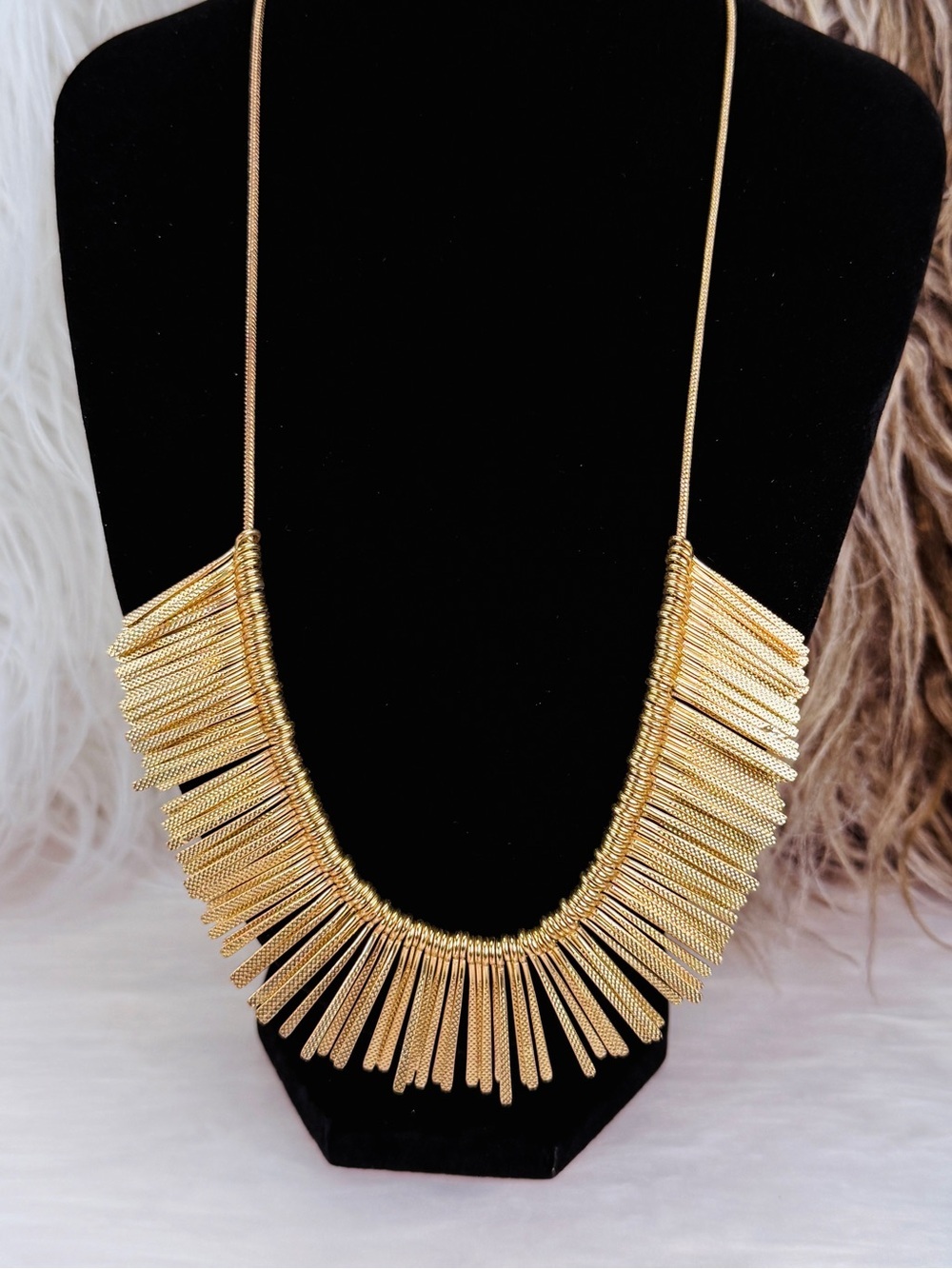 Goldtone Graduated Fringe Fan Bib Necklace Egyptian Revival Statement